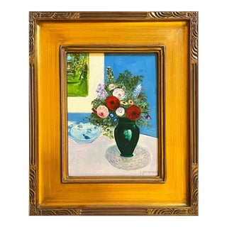 Still Life Oil Painting, Flowers in a Green Vase by Satori Gregorakis For Sale