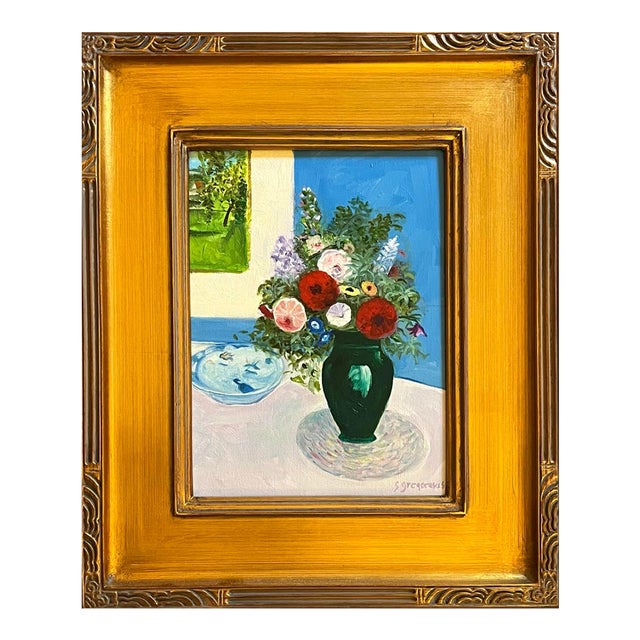 Still Life Oil Painting, Flowers in a Green Vase by Satori Gregorakis For Sale