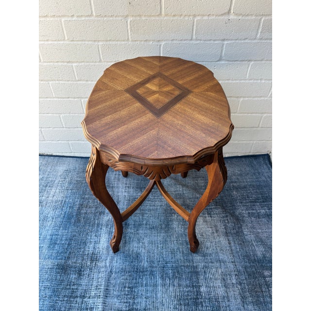 Victorian Antique Carved Walnut Accent Table / Side End Table. Featuring Wavy, Marquetry Inlaid Top and Cabroile Legs For Sale - Image 3 of 9