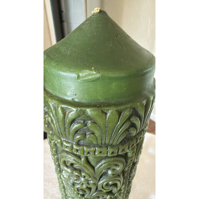 Vintage 60s-70s Carved Dk Olive Green Pillar Candle For Sale - Image 6 of 9
