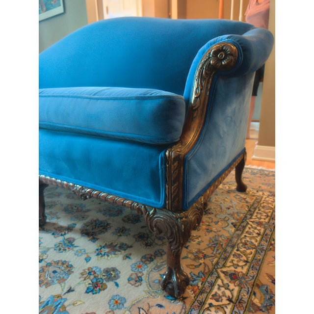 Restored Vintage Chippendale Style Camelback Sofa in Blue Velvet For Sale - Image 15 of 18