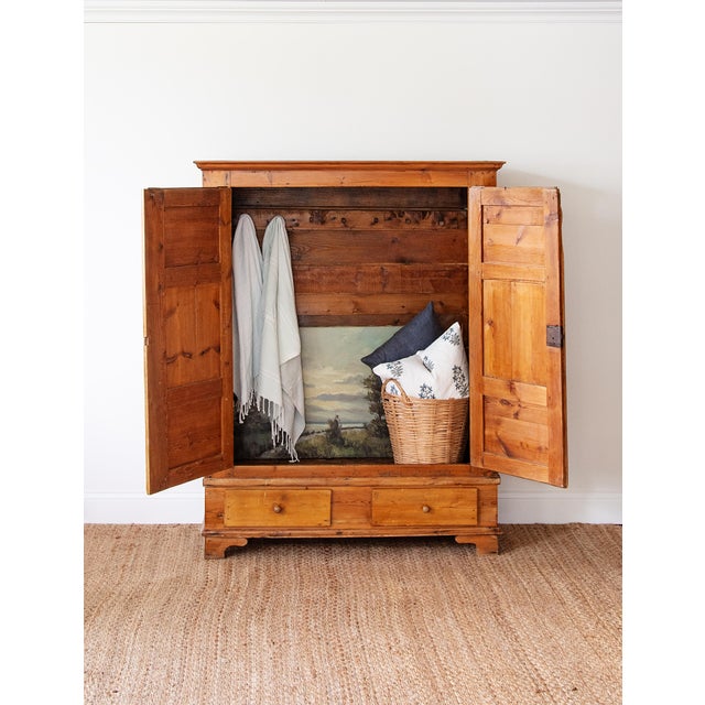 Rustic Antique Pine Paneled Armoire With Original Peg Rail | Continental Europe Ca. 1850 For Sale - Image 3 of 4