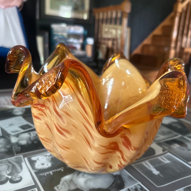 1960s vintage piece; amber and orange/brown swirls; label; no damage, beautiful piece of art glass.