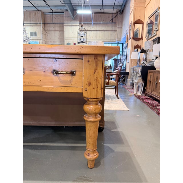 Late 20th Century Late 20th Century Country English Farmhouse Pine Console Table With Turned Legs and Brass Hardware For Sale - Image 5 of 11