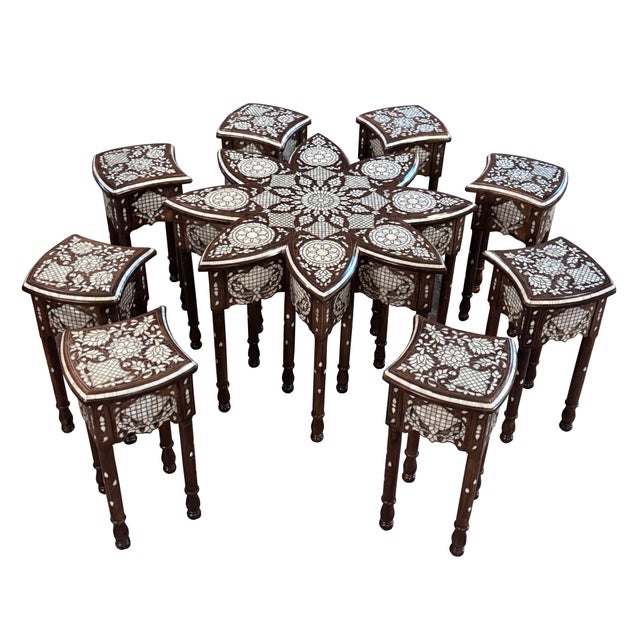 Contemporary 1990s Mother of Pearl Inlay Flower Shape Coffee Table With 8 Stools For Sale - Image 3 of 4