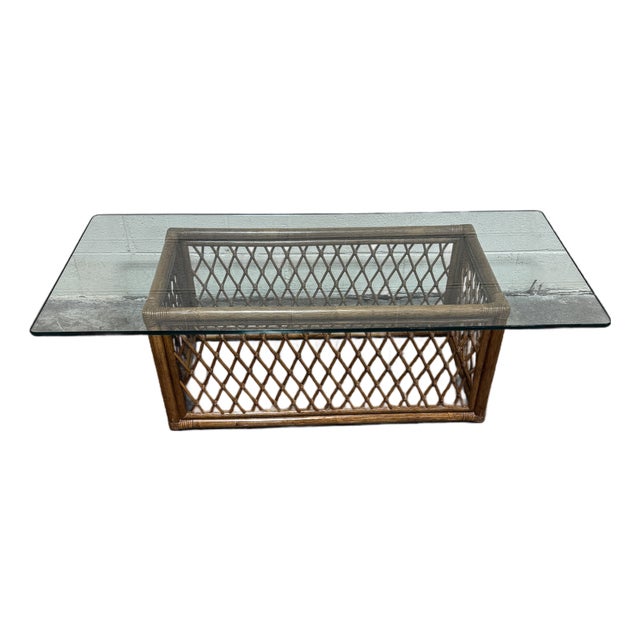Vintage Boho Wicker Bamboo Glass Top Coffee Table For Sale