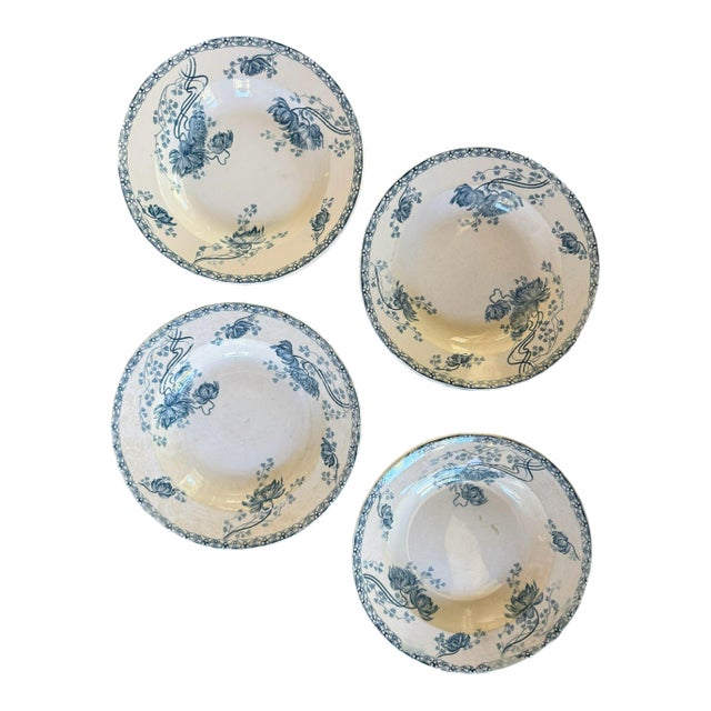 Antique Sarreguemines U&c "Royat" Blue Transferware Soup Plate - French Ironstone For Sale