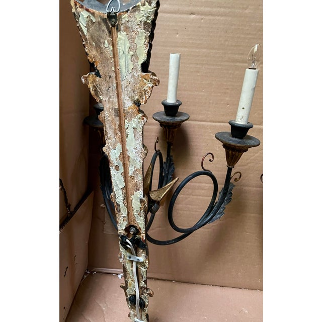 Pair Neoclassic Italian Carved Wood Iron Black Gold Painted Arrow Wall Sconces For Sale - Image 6 of 12