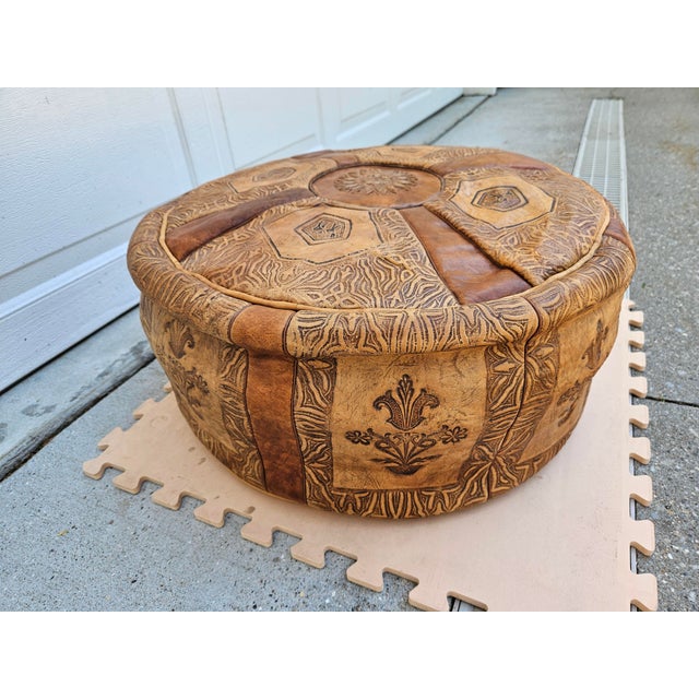 1970s Vintage Leather Moroccan Style Pouf Ottoman Footstool For Sale - Image 5 of 13