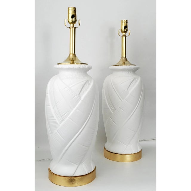 1980s Lamp Pair White Plaster Palm Tree Leaf Restored Large For Sale - Image 5 of 13