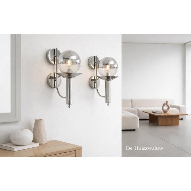 Silver Mid-Century European Chrome Wall Sconces with Mirrored Globe Shades, 1960, Set of 2 For Sale - Image 8 of 15