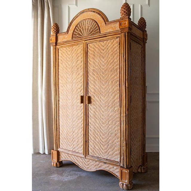 1970's Rattan Etched Wood Safari Armoire Wardrobe Storage Cabinet For Sale - Image 4 of 14