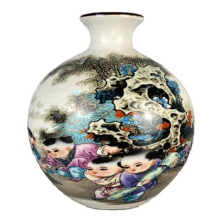 Vintage Chinese Crackle Glaze Famille Rose "Boys Playing" (Yingxi) Vase - 16.5cm For Sale