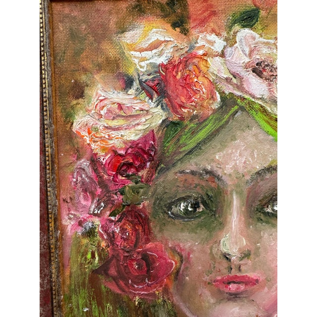 Expressionism Original Oil on Board Expressionistic Girl With Roses, Signed For Sale - Image 3 of 4