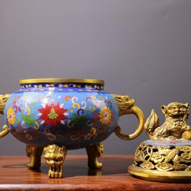 Sky Blue Late 20th Century Cloisonné Enamel Censer With Lion Finial and Dragon Handles For Sale - Image 8 of 8