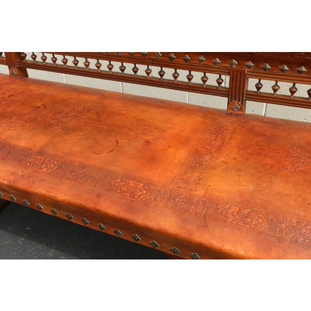 Early 20th Century Spanish Colonial Style Carved Wood and Tooled Leather Long Bench For Sale - Image 16 of 18