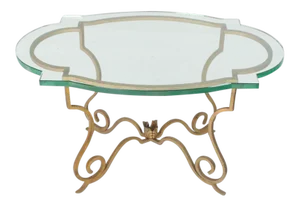Mid Century Vintage Forged Gold Gilt Iron Base Figural Glass Oval Table