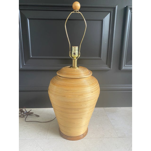 Vintage 1970’s Coiled Rattan Lamp With Oak and Brass Trim in the Style of Gabriella Crespi For Sale - Image 11 of 11