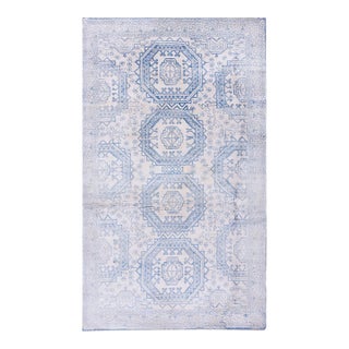 1920s White Blue Hexagonal Antique Indian Agra Cotton Rug 4' X 6'8" Handknotted Wool Carpet For Sale