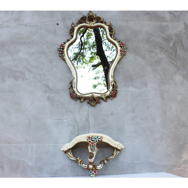 Vintage Baroque Floral Ornate Wall Mirror with Console Shelf, 1970s, Set of 2 For Sale - Image 6 of 14