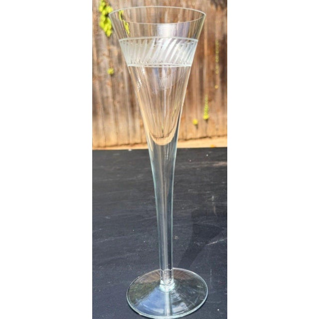 Glass Antique Art Deco Crystal Champagne Flutes 10" Engraved Chevron Set of 3 For Sale - Image 7 of 7