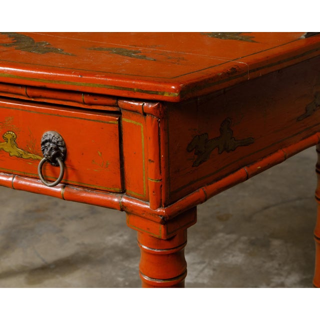 English Red Lacquer Faux Bamboo 19th Century Desk with Gilded Chinoiserie Décor For Sale - Image 4 of 12