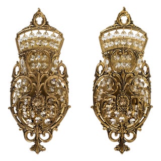1960s Spanish Neoclassical Brass & Crystal Basket Wall Sconces - A Pair For Sale