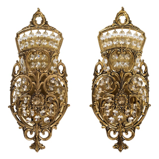1960s Spanish Neoclassical Brass & Crystal Basket Wall Sconces - A Pair For Sale