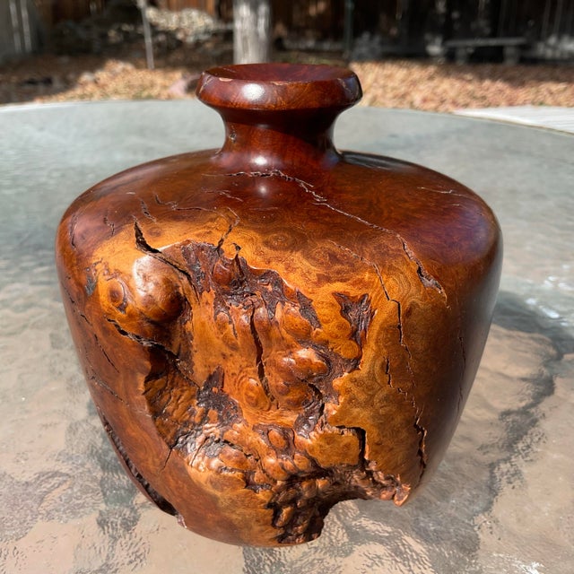 Mid-Century Modern Mid Century Burl Wood Vase With Original Glass Insert For Sale - Image 3 of 6