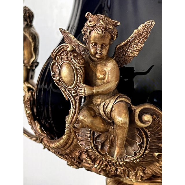 Black Large Covered Urn in Black Porcelain and Bronze Rocaille Decoration with Cherubs, 2010s For Sale - Image 8 of 18