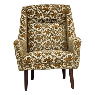 Danish Highback Armchair in Brown/Beige Furniture Fabric and Teak Wood, 1970s For Sale