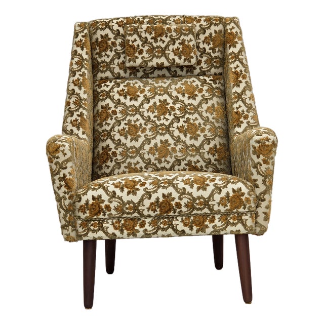 Danish Highback Armchair in Brown/Beige Furniture Fabric and Teak Wood, 1970s For Sale