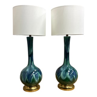 1960s Mid-Century Modern Royal Haeger Style Drip Blue Green Glaze Lamp For Sale