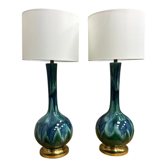 1960s Mid-Century Modern Royal Haeger Style Drip Blue Green Glaze Lamp For Sale