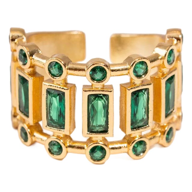 Radiant Majesty Emerald Gold Adjustable Cuff Ring, Size 8 For Sale