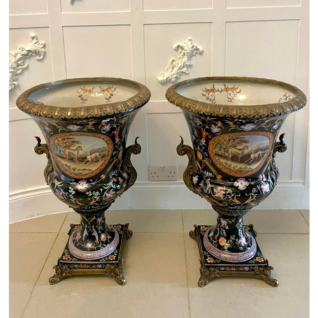 Antique French Porcelain and Brass Mounted Jardinière Urns, 1880, Set of 2 For Sale - Image 17 of 17