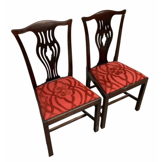 Pair of Traditional Mahogany Finish Dining Chairs w/ Upholstered Seats Measurements: 38.5"H × 20.5"W × 20"D Good...