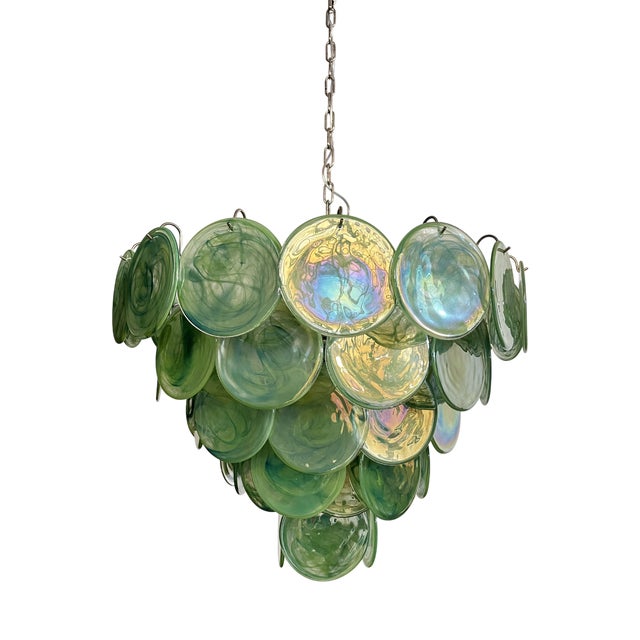 Space Age Murano Chandelier with Green Albaster Iridescent Glass Plates, 1990s For Sale