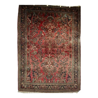 Antique Persian Sarouk Area Rug, Handwoven All-Over Floral Pattern, Red & Navy, 4’ X 5’ For Sale