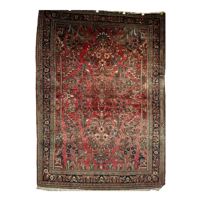 Antique Persian Sarouk Area Rug, Handwoven All-Over Floral Pattern, Red & Navy, 4’ X 5’ For Sale
