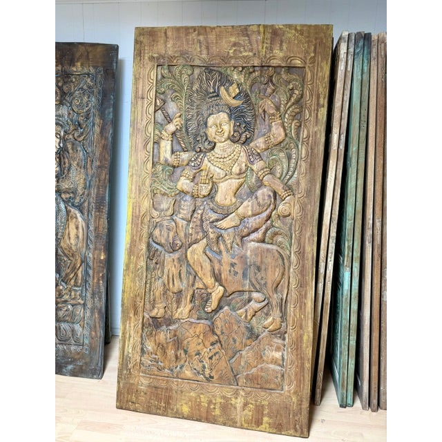 Mid-Century Modern Vintage Hand-Carved Indian Deity Panel | Shiva & Goddess Wood Wall Art / Door Panel 84x41 For Sale - Image 3 of 11