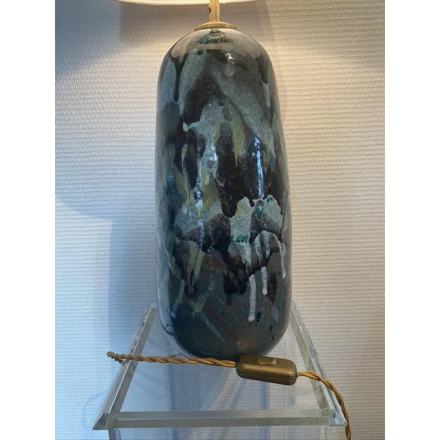 Beautiful lamp with green, yellow and light green streaks. Foot Height: 40cm Height with shade: 62cm. European Plug (up to...