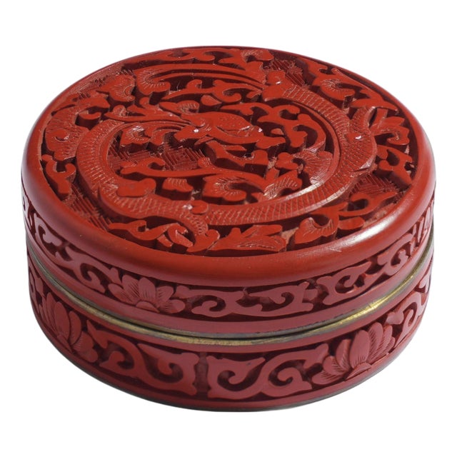 Vintage Chinese Cinnabar Box With Enameled Interior For Sale