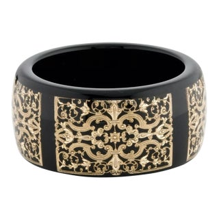 Late 20th Century Roberto Cavalli Cuff Bangle Black Resin Acrylic Lucite Gold Leaf Inclusions Wide For Sale