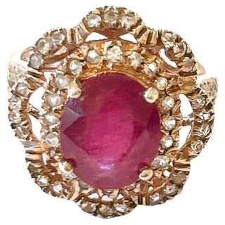 Bochic “Orient” Red Ruby and White Topaz Cocktail Ring Set In 18K Gold and Silver, Size 6.75 For Sale