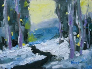 Last Light, Contemporary Winter Landscape Oil Painting by L Haas
