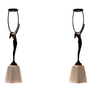 Modern Abstract Figural Sculptural Candleholders - Pair on White Stone Bases For Sale