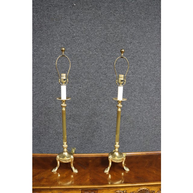 Brass Pair of Solid Brass Trifoot Table Lamps For Sale - Image 8 of 11