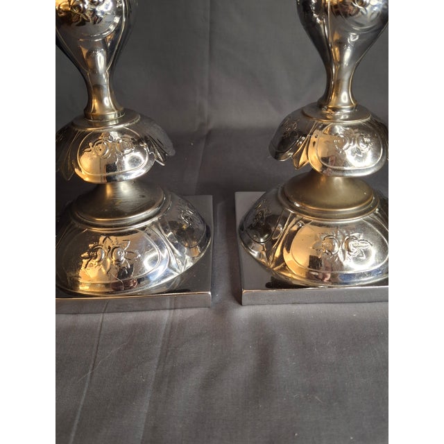 Antique Norblin Warszawa Silverplate Shabbat Candlesticks 12" Rose Judaica Pair 1890 For Sale - Image 10 of 18