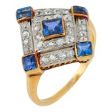 1910s Edwardian Asscher Cut Sapphire Diamond Gold Ring, Size 6.25 For Sale